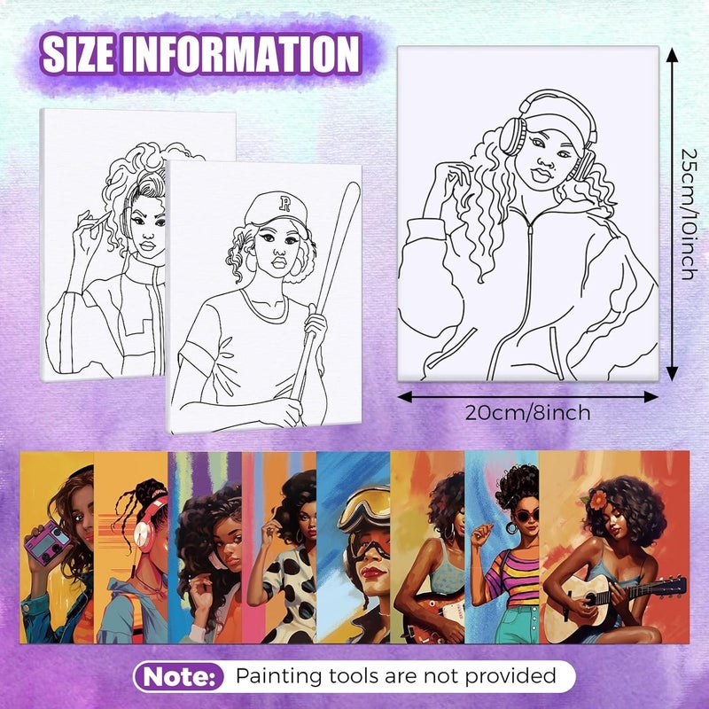 Sherr 20 Pcs Stretched Pre Drawn Canvas Afro Queen Black Art for Painting for Adults Outline Pre Drawn Stretched Cotton Canvas to Paint Party Set, 8 x 10''(Vintage) - Image 2